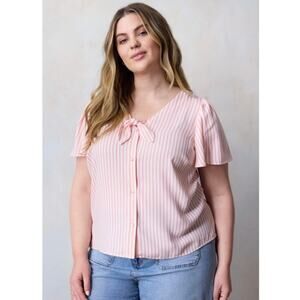 LC Lauren Conrad Pink Seaside Stripe Tie-Front Flutter Sleeve V-Neck Blouse